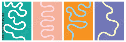 Set of color abstract banner with curvy line and motivational phrase. Background with scribble squiggle. Wave line art . Vector Illustration . 
