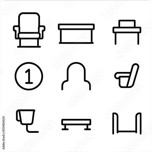 Jury Box Icon Set. Outline icon set of Jury Box Empty Seats: individual jury chair, jury bench divider, name placard, seat number