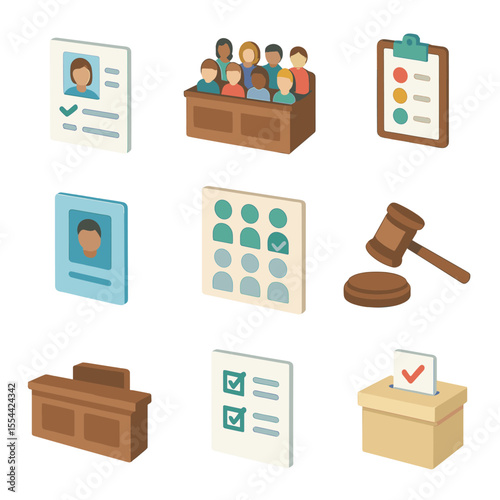 Jury Selection Icons. Isometric Flat icon set of jury selection and voir dire process: juror questionnaire, jury box layout,