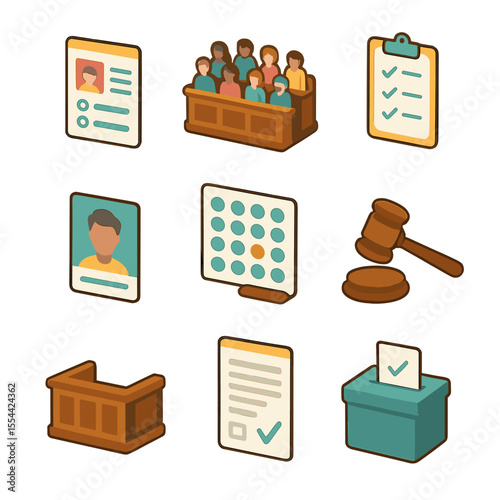 Jury Selection Icons. Isometric Flat icon set of jury selection and voir dire process: juror questionnaire, jury box layout,