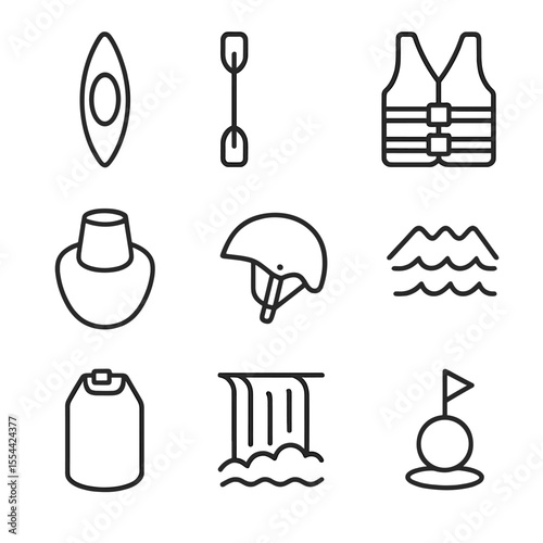 Kayaking Adventure Icons. Outline icon set of Kayaking adventure: kayak silhouette, paddle, life jacket, spray skirt, helmet,