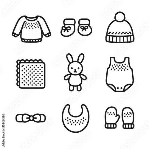 Kids Crochet Fashion Icons. Outline icon set of crochet fashion for kids: kids sweater, baby booties, beanie, baby blanket,