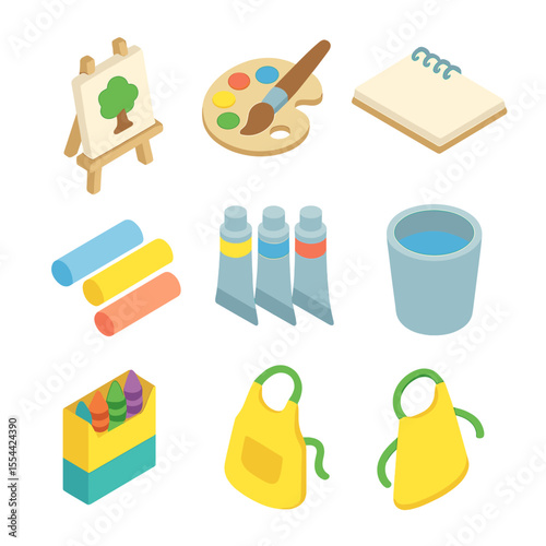 Kids' Art Supplies Icons. Isometric Flat icon set of outdoor art activities for kids: easel, paint palette, paintbrush, sketchbook