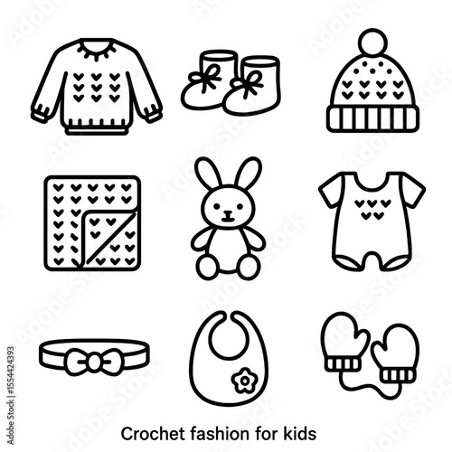 Kids Crochet Fashion Icons. Outline icon set of crochet fashion for kids: kids sweater, baby booties, beanie, baby blanket,