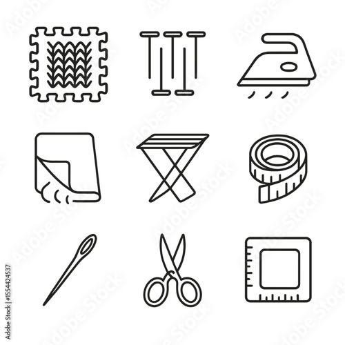 Knitwear Blocking Icons. Outline icon set of blocking and finishing knitwear: blocking mat, wet block pins, steam iron, damp cloth