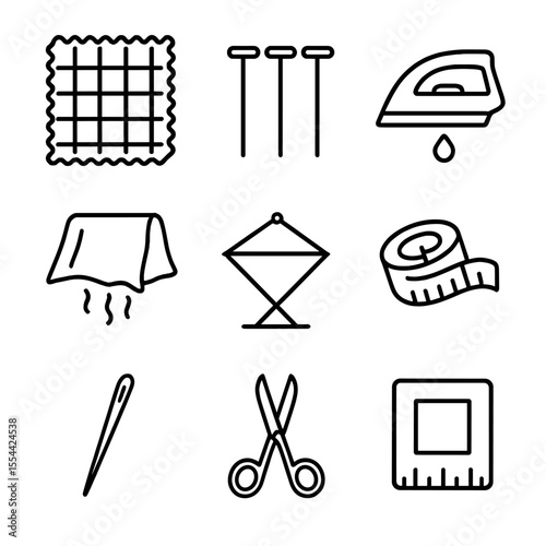 Knitwear Blocking Icons. Outline icon set of blocking and finishing knitwear: blocking mat, wet block pins, steam iron, damp cloth