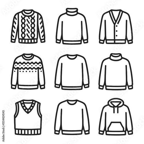 Knitwear Icon Collection. Outline icon set of knitwear and sweaters: chunky cable-knit sweater, turtleneck pullover, cashmere
