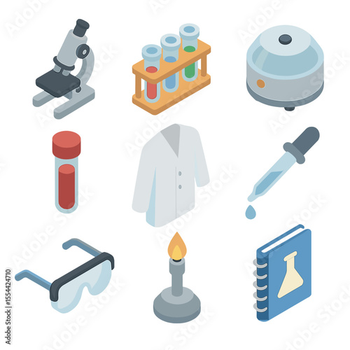 Laboratory Icons Set. Isometric Flat icon set of laboratory and pathology services: microscope, test tube rack, centrifuge, lab