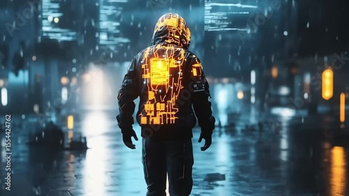 A figure in a dark hoodie interacts with floating digital data in a futuristic urban setting filled with glowing screens and abstract elements