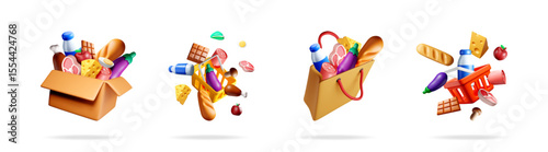 3d cartoon grocery set with shopping basket, bag, and box filled with food products for supermarket, delivery, and online shopping concept.
