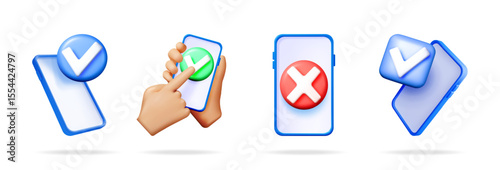 Smartphone with check mark and cross symbols. Mobile feedback concept and successful transaction sign. Notification element for application.