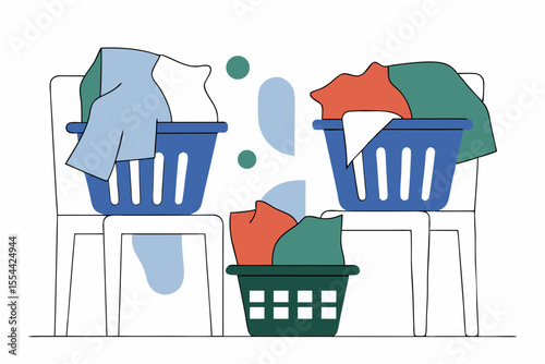 Laundry baskets of dirty clothes set. Heap of messy wearings is on chairs