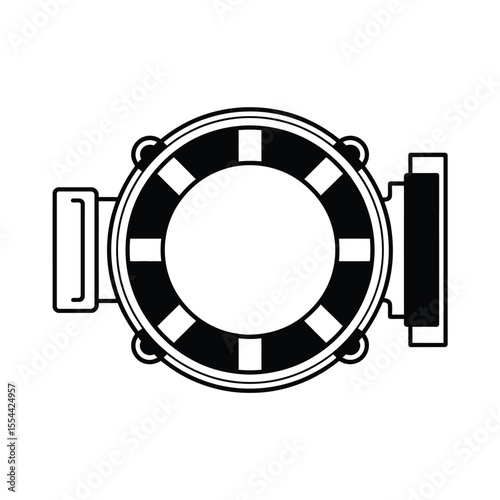 Top view of a black and white lifebuoy with handles on a white background