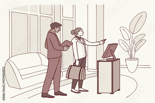 Man, woman and concierge with mentor at hotel with computer, point and discussion for booking info