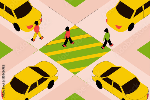 People crossing road on crosswalk, top view. Pedestrians in city street traffic from above