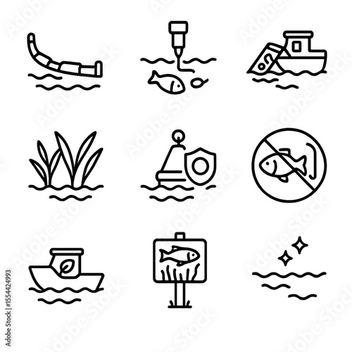 Lake Conservation Icons. Outline icon set of Lake Conservation: floating barrier, water quality sensor, waste skimmer, native
