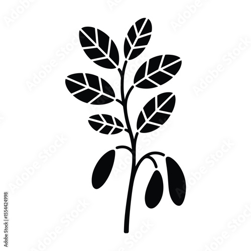 Stylized black silhouette of a plant stem with leaves and pods