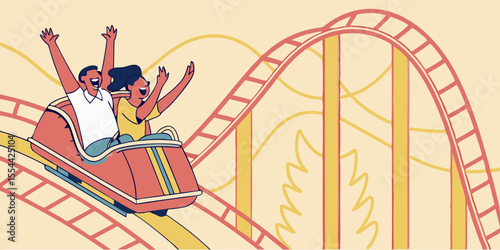 Thrilled people scream, hands up on roller coaster