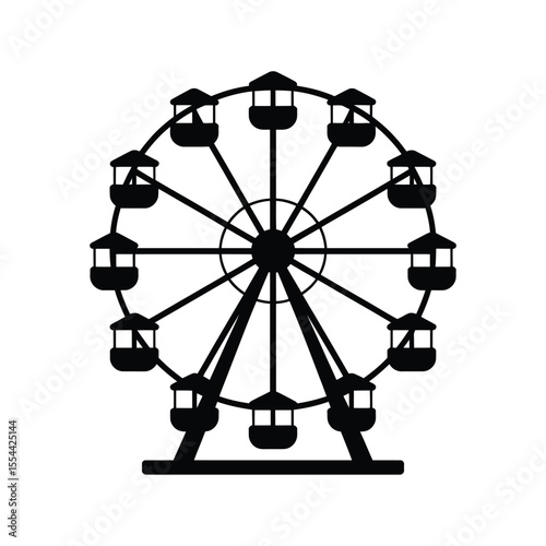 Silhouette of a ferris wheel with multiple gondolas against a white background