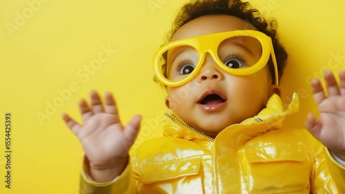 A joyful black toddler with curly hair and oversized glasses reacts with excitement against a bright yellow background