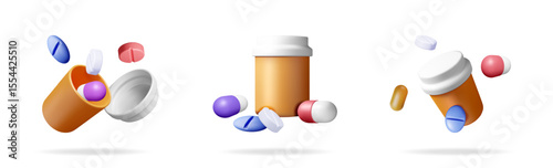 Three 3d vector illustrations of prescription bottle with falling pills or capsules. Medical treatment and healthcare concept.