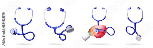 Set of blue 3d medical stethoscopes with a doctor's hand checking a heart. Health care, medical examination and cardiology concept.