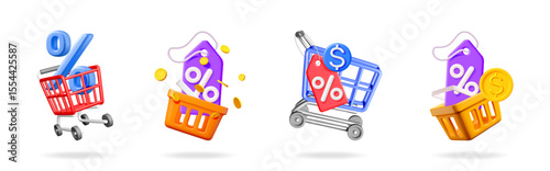 Set of 3d commerce elements with shopping cart, basket, percent sign, dollar coin. Online store sale banner and promotion concept on white background with shadow.