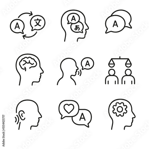 Language Icons Collection. Outline icon set of bilingualism and multilingual language processing: code-switching, language