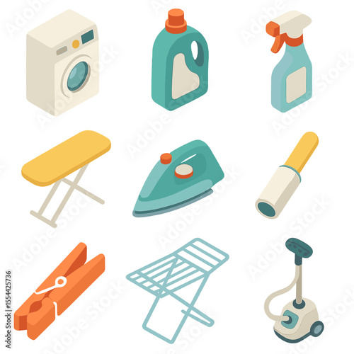 Laundry Tools Icons. Isometric Flat icon set of maintenance and cleaning of linen curtains: washing machine, laundry detergent,