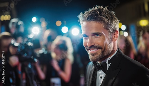 A confident man in a tuxedo smiles brightly amidst the flashing lights of a glamorous event.