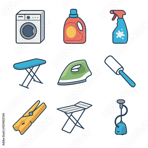 Laundry Tools Icons. Isometric Flat icon set of maintenance and cleaning of linen curtains: washing machine, laundry detergent,