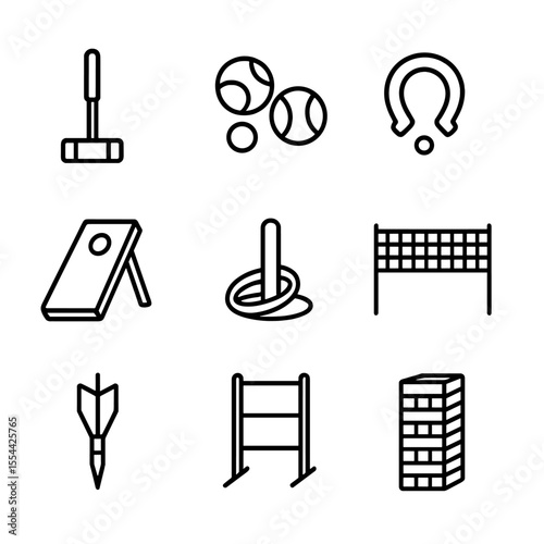 Lawn Game Icons. Outline icon set of lawn games: croquet mallet, bocce balls, horseshoes, cornhole board, ring toss peg, badminton