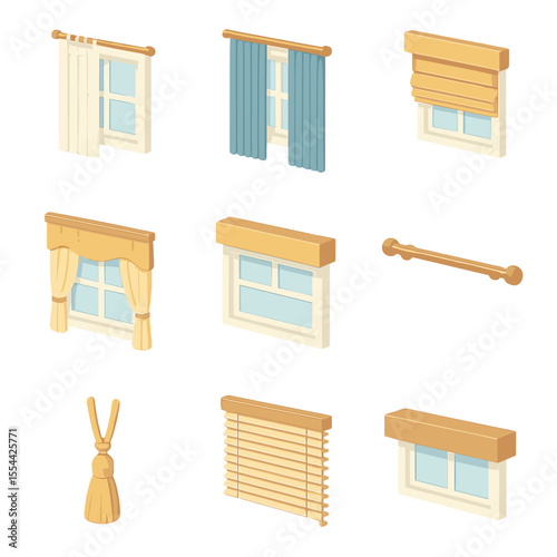Layered Window Treatments Icons. Isometric Flat icon set of layered window treatments with linen curtains: sheer curtain layer,