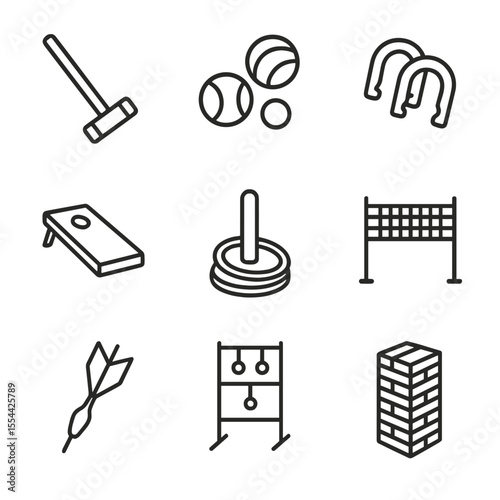 Lawn Game Icons. Outline icon set of lawn games: croquet mallet, bocce balls, horseshoes, cornhole board, ring toss peg, badminton