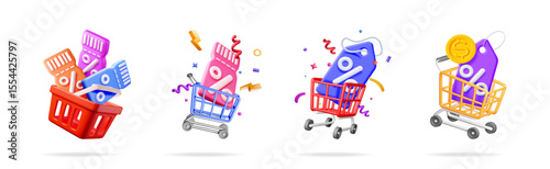 A set of 3d rendering vouchers and discount tags in shopping carts and baskets. Shopping and marketing concept for online store.