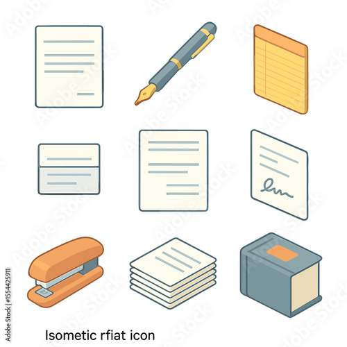 Legal Document Icons. Isometric Flat icon set of drafting legal briefs and memoranda: blank memorandum template, fountain pen,