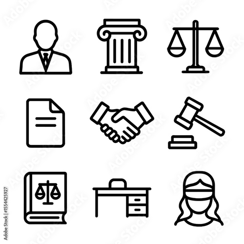 Legal Icon Set. Outline icon set of public defender office: attorney silhouette, courthouse column, legal scales, case file,