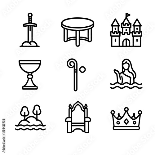 Legendary King's Artifacts. Outline icon set of legendary king’s artifacts: Excalibur sword, round table, Camelot castle, Holy