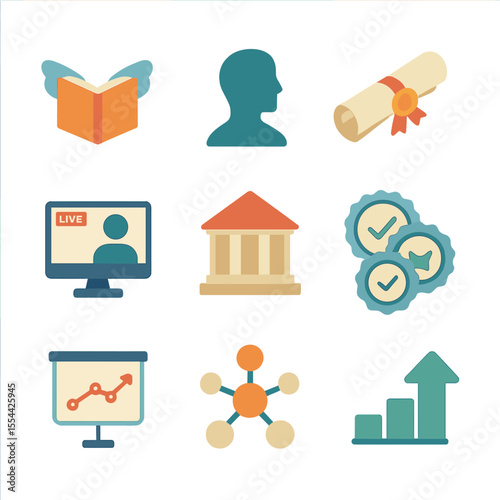 Lifelong Learning Icons. Isometric Flat icon set of Lifelong Learning Opportunities: open book with wings, adult learner