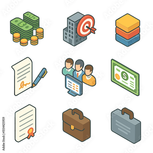 Leveraged Buyout Icons. Isometric Flat icon set of leveraged buyouts: debt financing pile, target company building, equity stack