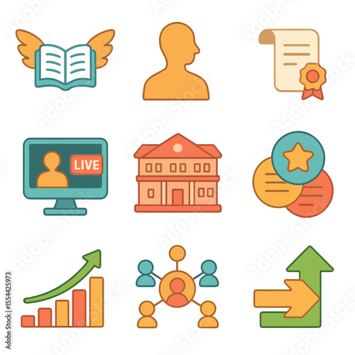 Lifelong Learning Icons. Isometric Flat icon set of Lifelong Learning Opportunities: open book with wings, adult learner