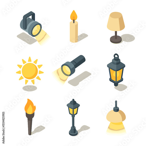 Light Source Icons. Isometric Flat icon set of light source and shadow interplay: spotlight, candle flame, lampshade, sun icon,