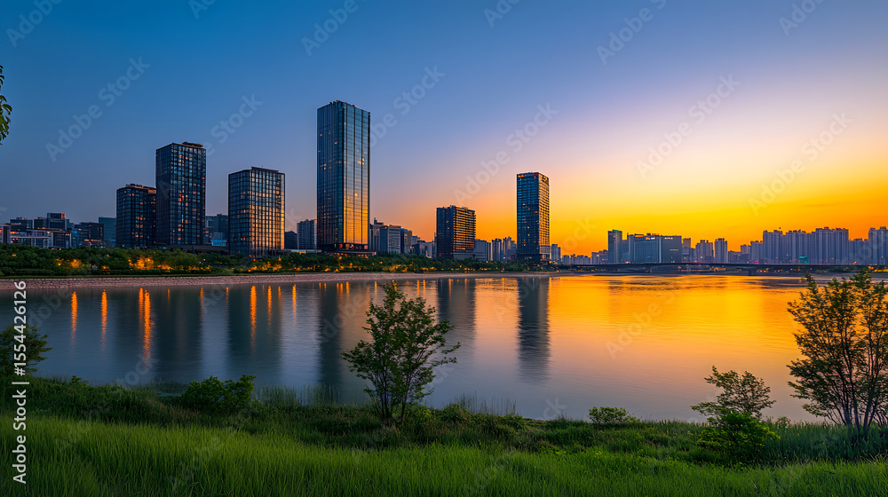 Naklejka premium Modern city skyline of Seoul, South Korea, with tall buildings at sunset. Illustration of popular places in the world.