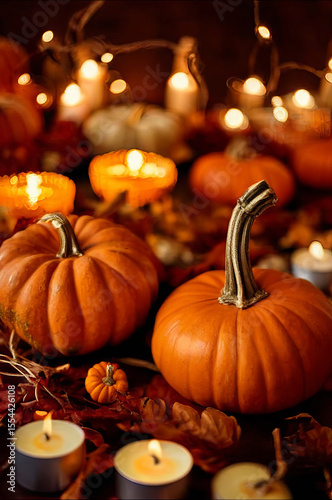 Autumn banner of pumpkins and fall decor on a rustic wood background with copy space 