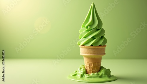 Refreshing Green Ice Cream Cone with Soft Serve on Pastel Green Background