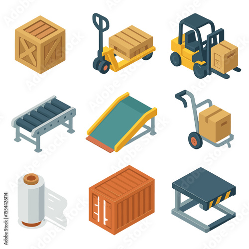 Loading and Unloading Icons. Isometric Flat icon set of loading and unloading processes: cargo crate, pallet jack, forklift