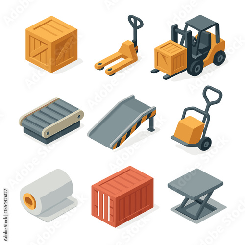 Loading and Unloading Icons. Isometric Flat icon set of loading and unloading processes: cargo crate, pallet jack, forklift