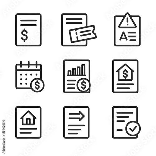 Loan Document Icons. Outline icon set of Loan Servicing Documents: escrow account statement, payment coupon book, interest rate