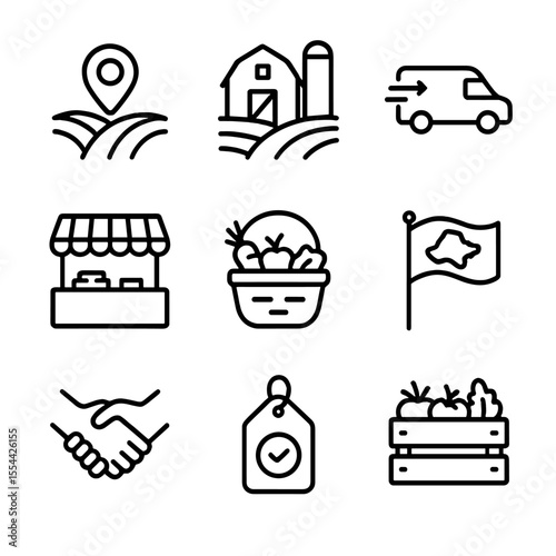 Local Sourcing Icons. Outline icon set of local sourcing: map pin on farmland, local farm icon, delivery van short route,