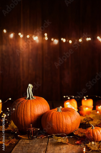 Autumn banner of pumpkins and fall decor on a rustic wood background with copy space 